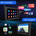 ESSGOO autoradio met WiFi-verbinding, met pictogrammen voor Spotify, YouTube, Facebook en GPS-navigatie.