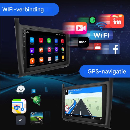 ESSGOO autoradio met WiFi-verbinding, met pictogrammen voor Spotify, YouTube, Facebook en GPS-navigatie.