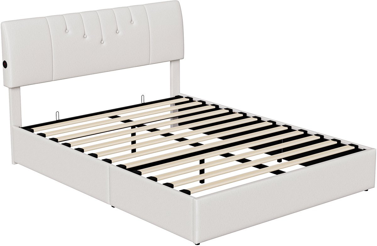 SHOPENTRA Opbergbed met Gaslift 140x200 - Crème/Wit Teddy - afbeelding 3