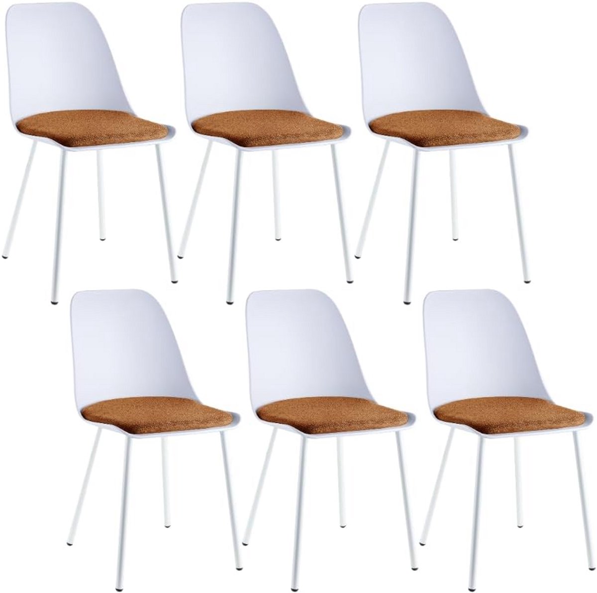 Set van 6 kunststof eetkamerstoelen met oranje fluwelen bekleding en witte metalen poten