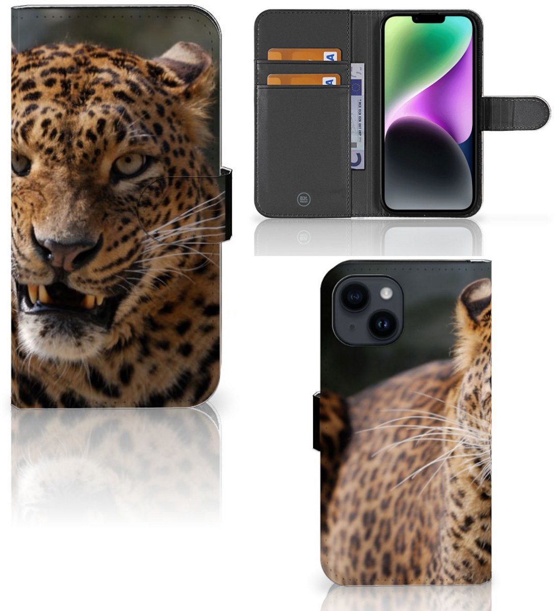 Book Case voor iPhone 15 Telefoonhoesje met Pasjes Luipaard