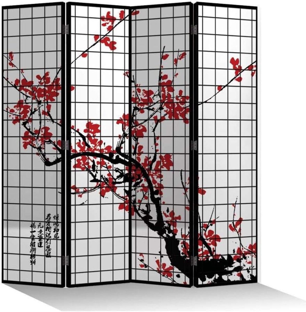 Kamerscherm 4 Panelen Dubbelzijdig Kersenbloesems Zwart Canvas 180cm