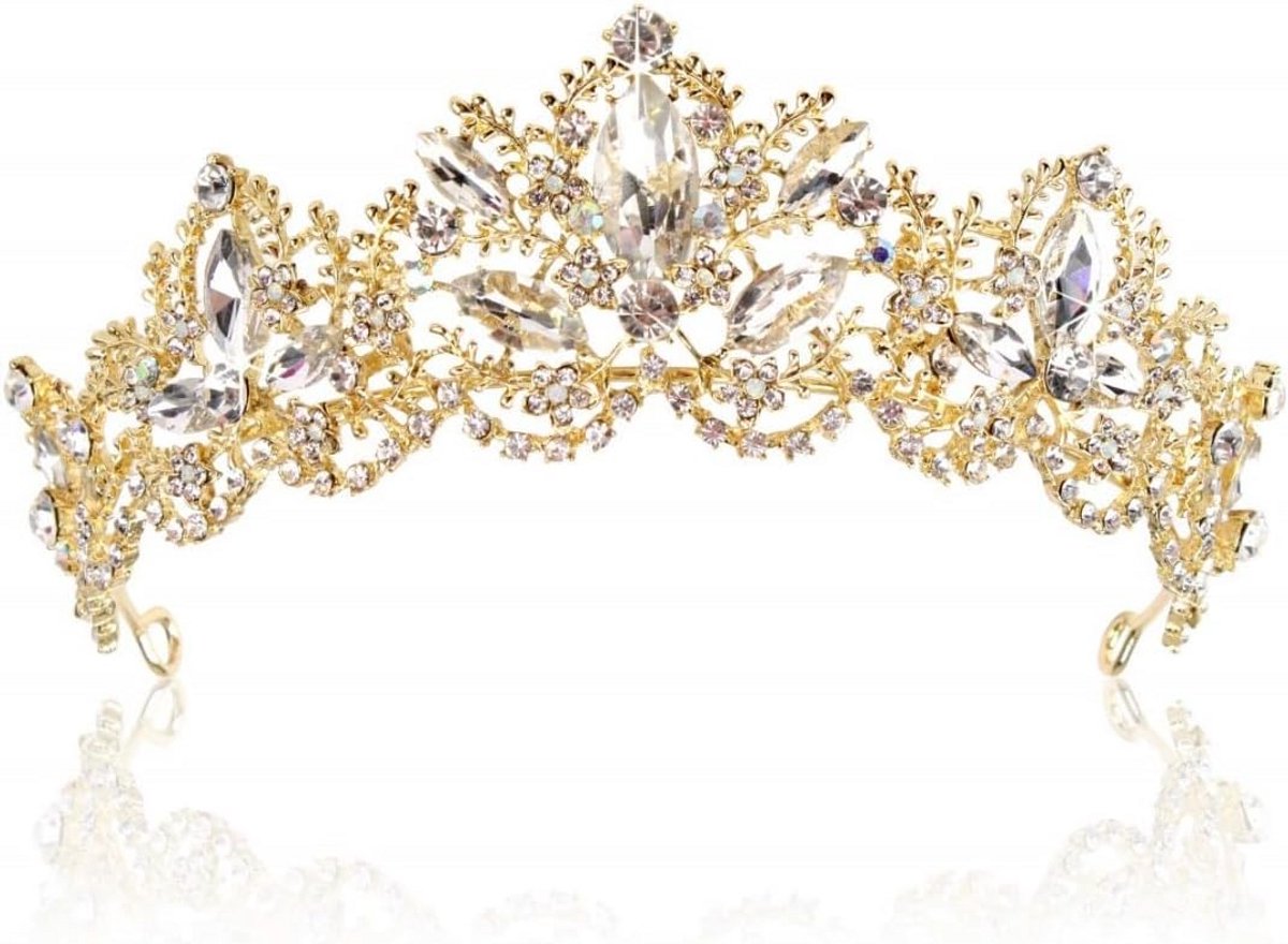 Gouden Kroon voor Dames - Tiara met Kristallen voor Bruiloft, Feest en Carnaval