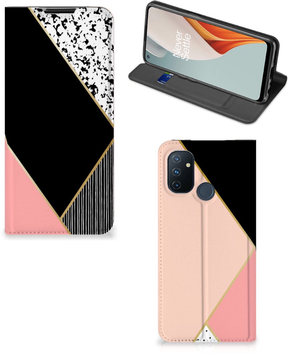 OnePlus Nord N100 Stand Case Zwart Roze Vormen