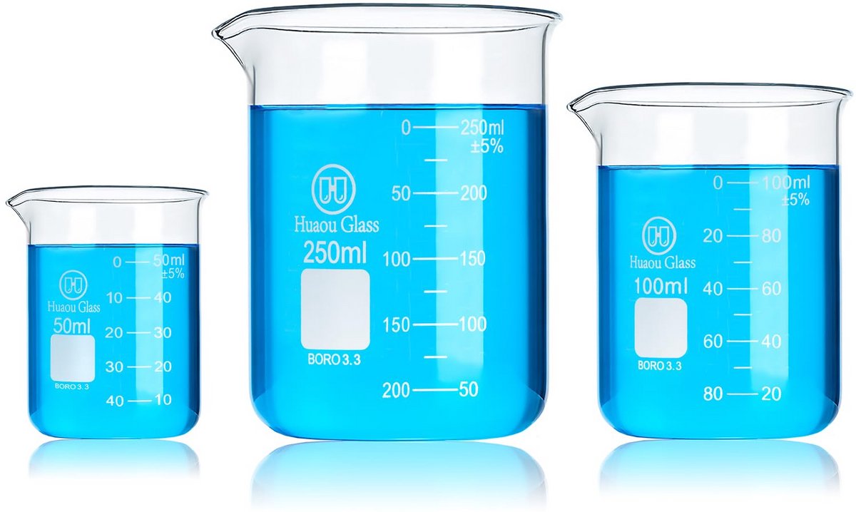 Lage Laboratorium Beker Set van 3 Maten - 50, 100 en 250 ml - Boro 3.3 Glas