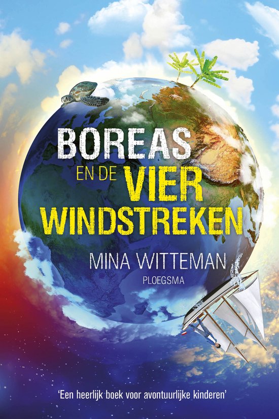 Boekcover met de aarde als centrum, met de titel 'Boreas en de vier windstreken' en een luchtschip.