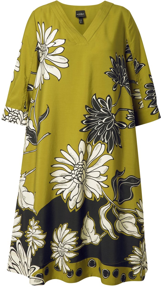 Ulla Popken Dames - Lyocell midi-jurk bloemen V-hals 3/4-mouwen - Mosterdgroen - Maat 46+
