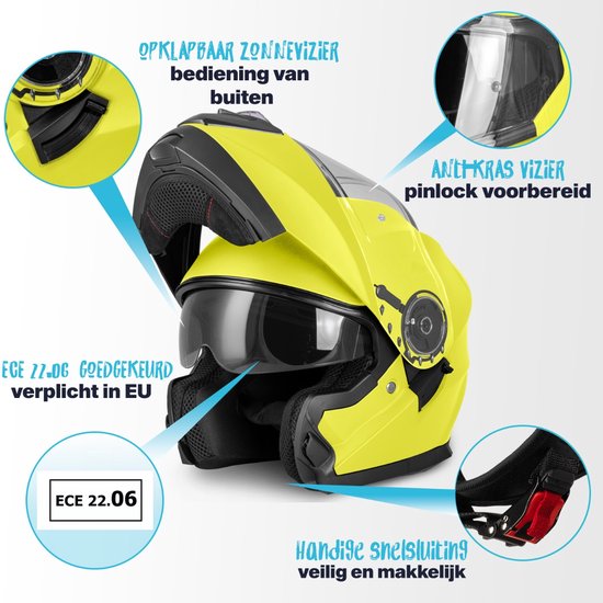 Gele systeemhelm met opklapbaar zonnevizier, anti-kras vizier, pinlock voorbereid.