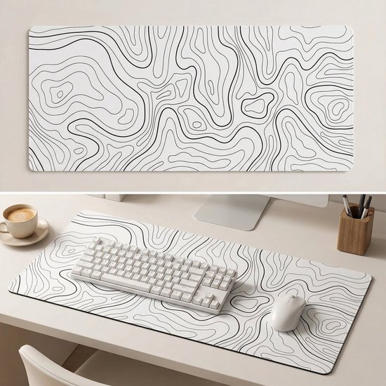 Witte XXL Muismat met Topografisch Design – 80x30 cm – Antislip – Voor Werk & Gaming