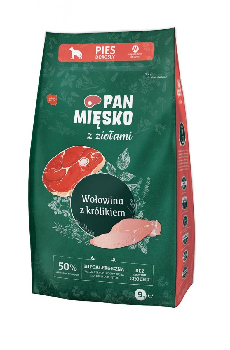 PAN MIĘSKO Pan Mięsko - Hondenvoer - Rund met Konijn - 9 kg - Voor Middelgrote Rassen (10-25 kg) - Graanvrij & Hypoallergeen