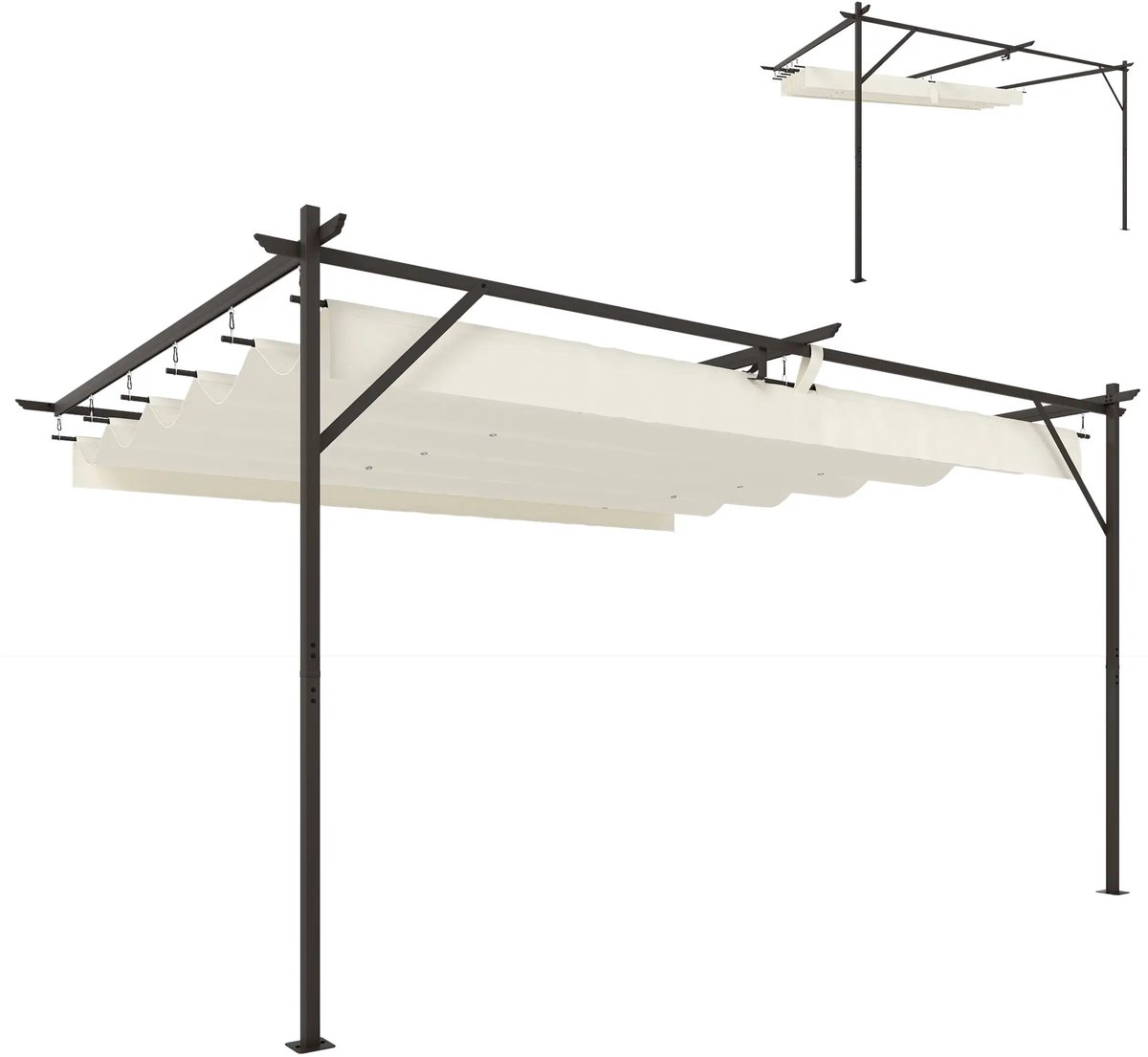 Pergola - 4 x 3 m - Prieel - Paviljoen - Terras - Weerbestendig - Metalen Frame - Met zonwering - Crème wit + koffie