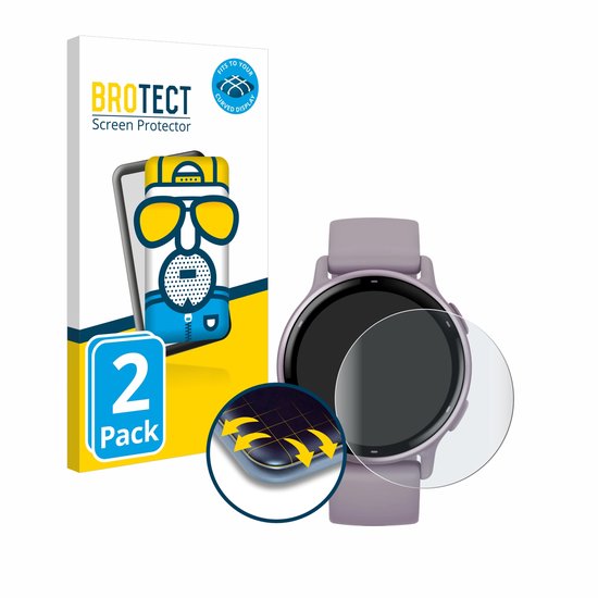 Emballage de BROTECT Screen Protector avec une figurine de dessin animé amusante et une montre connectée avec un protecteur d'écran. Décrit : Bord à bord, Super Flexible, Anti-reflets, Auto-réparant, Absorbe les chocs.