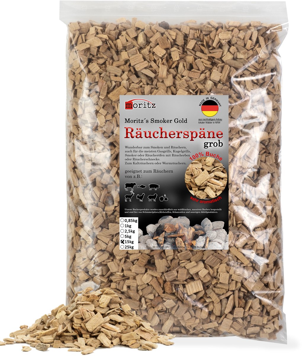 Moritz 15 kg rookspaanders beukenhout grof 6 -12 mm Roken I Koud roken van vis, vlees, worst, kaas, groenten, ook voor BBQ I Grill - Rookmeel