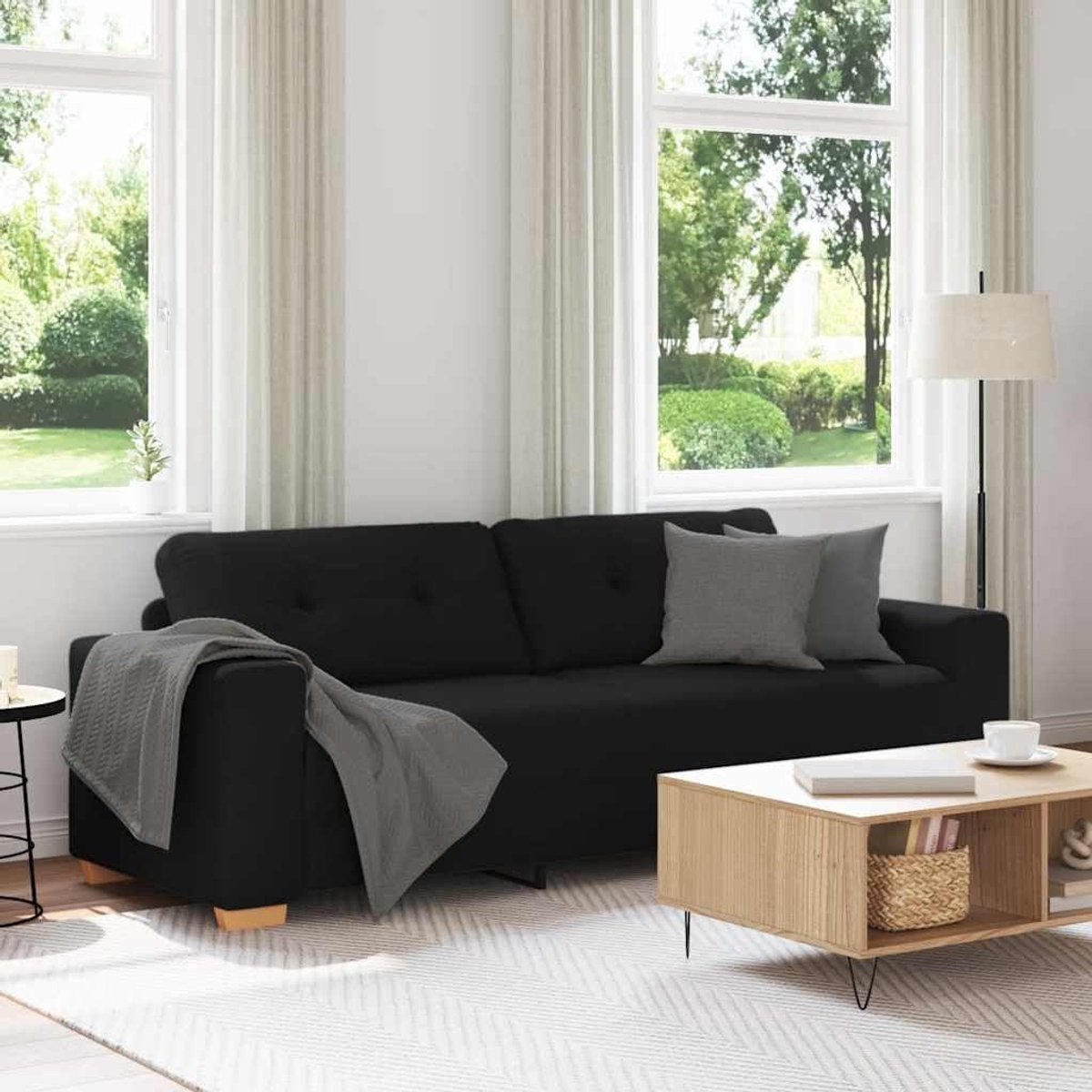3-zitsbank 221 x 78 x 80 cm – Moderne Zwarte Stoffen Bank met Diepe Zit en Stevig Frame – Luxe Comfort Sofa voor Woonkamer, Slaapkamer of Kantoor – Aurora Noir – Pauwhome