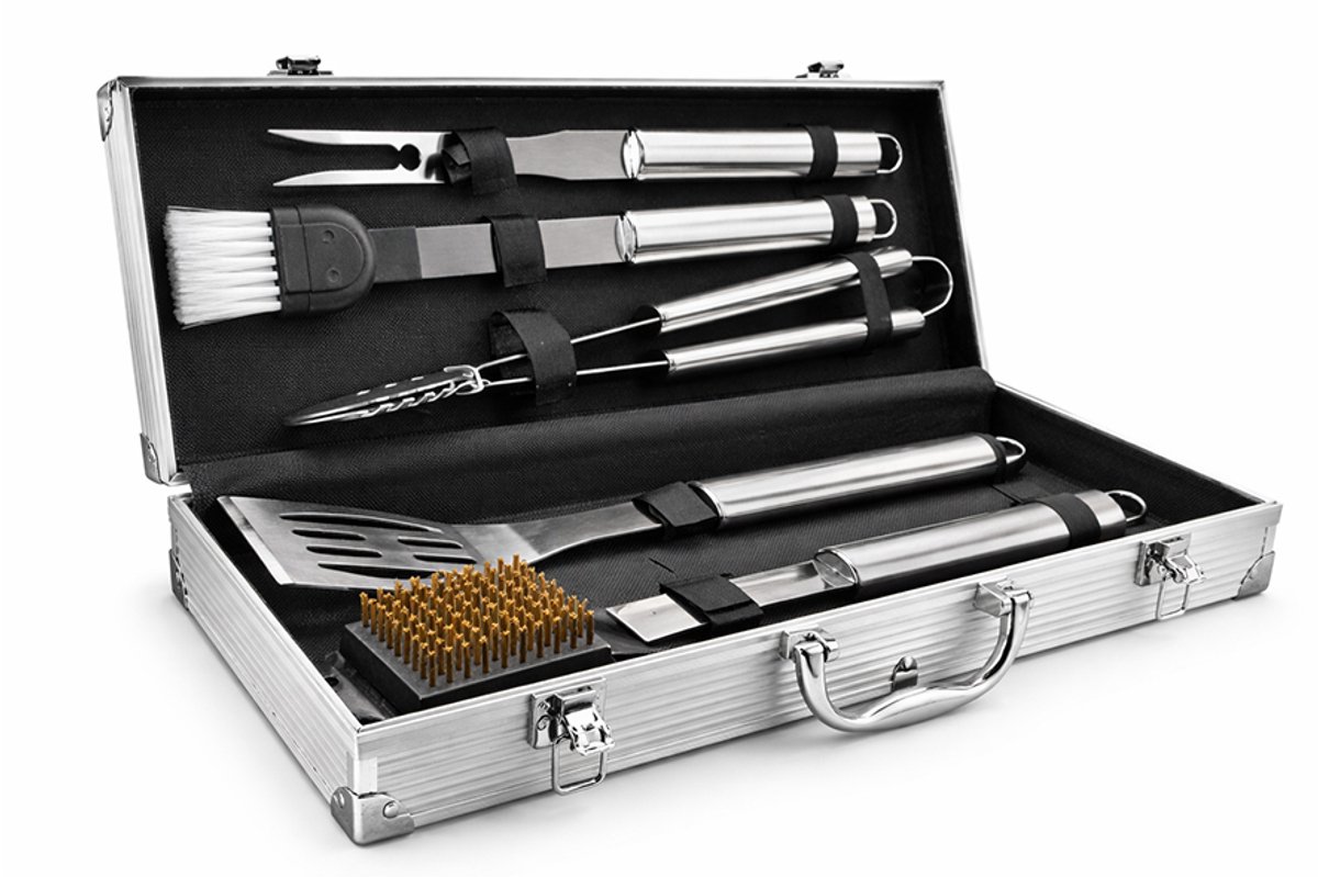 Garden Grill 5-Delige RVS BBQ-Gereedschapsset met koffer - Vleestang, Spatel, Vork, Sauskwast en Schoonmaakborstel
