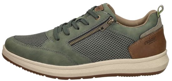 Groene sneaker met rits en bruine accenten aan de zijkant en hiel.