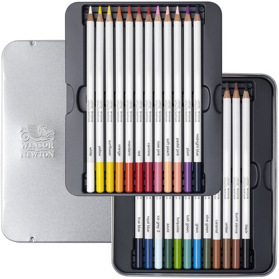 Zilverkleurige metalen etui met 24 witte potloden. Potloden met gekleurde punten, zoals geel, oranje, rood, roze, paars, blauw, groen en bruin.
