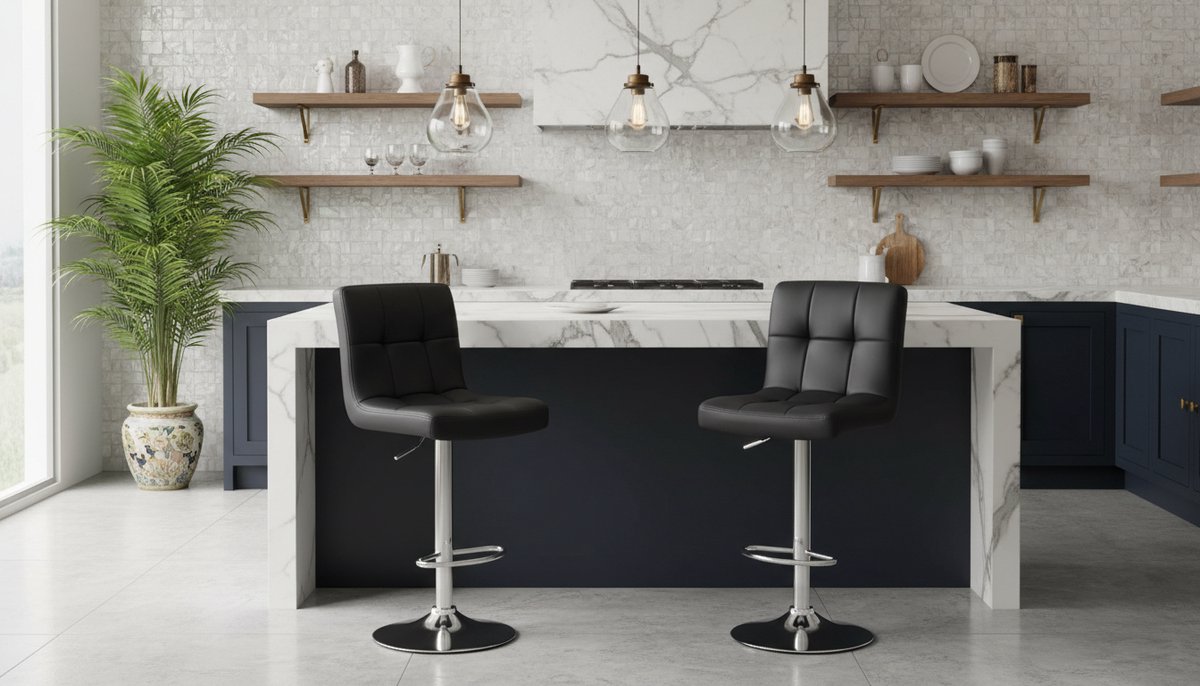Barkruk Set van 2 – Luxe Verstelbare Barstoelen met Rugleuning en Voetensteun, 360° Draaibaar, PU-Leren Zitting, Gevoerde Keukenkrukken voor Bar, Toonbank en Keukeneiland – Zwart | House&Garden Prestige