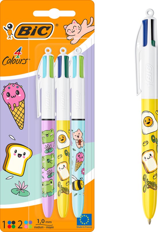 BIC Stylos à bille Decor 4 couleurs, série Cute Food - Différents motifs alimentaires mignons - Set de 3 pièces - Pointe Medium 1 mm