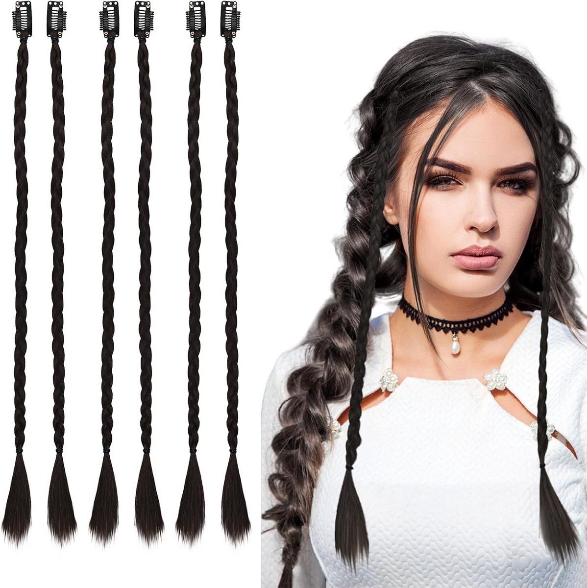 Gevlochten Haarverlenging met Clips 45 cm Synthetisch, Donker Kastanjebruin