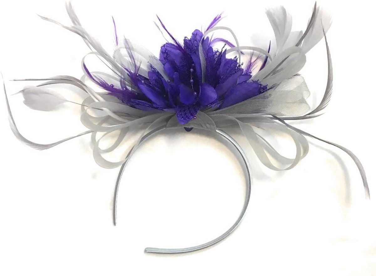 Zilvergrijs en paarse haar fascinator hoofdband voor bruiloft en races
