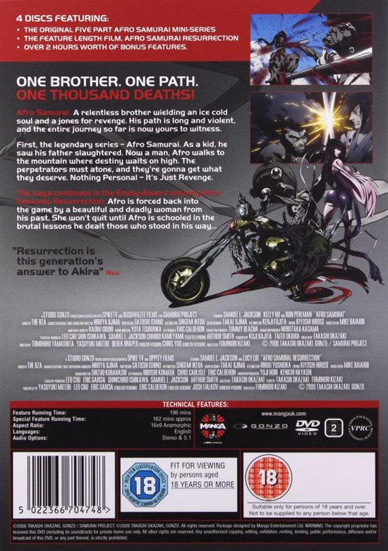 De achterkant van de Afro Samurai DVD-box met gedetailleerde informatie over de serie en extra's. Rode en witte tekst op een donkere achtergrond.