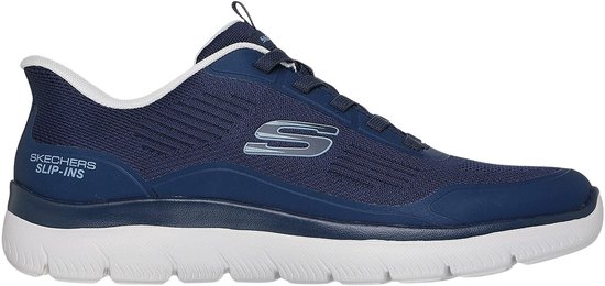 Sneaker bleue avec semelle blanche et 'SKECHERS SLIP-INS' sur le talon.