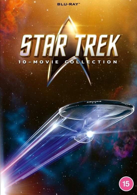 Blu-ray hoes Star Trek 10-Movie Collection met de USS Enterprise NCC-1701 die door de ruimte reist.