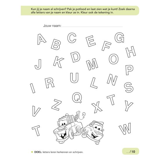 Werkblad met de letters van het alfabet en de auto's Bliksem McQueen en Takel. Schrijf je naam en kleur de letters.
