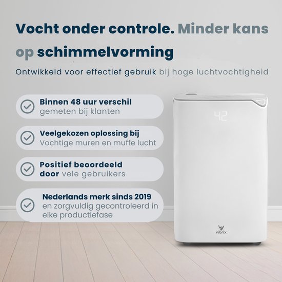Witte Vibrix luchtontvochtiger met display '42', ontworpen voor ruimtes met hoge luchtvochtigheid. Staat bekend als effectieve oplossing.