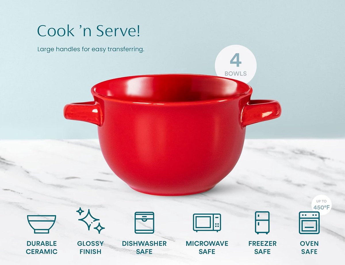 Keramische Soepkommen met Handvatten - Ovenbestendige Uiensoep Schalen (Set van 4) — cadeau in Kookcadeaus - foto 4