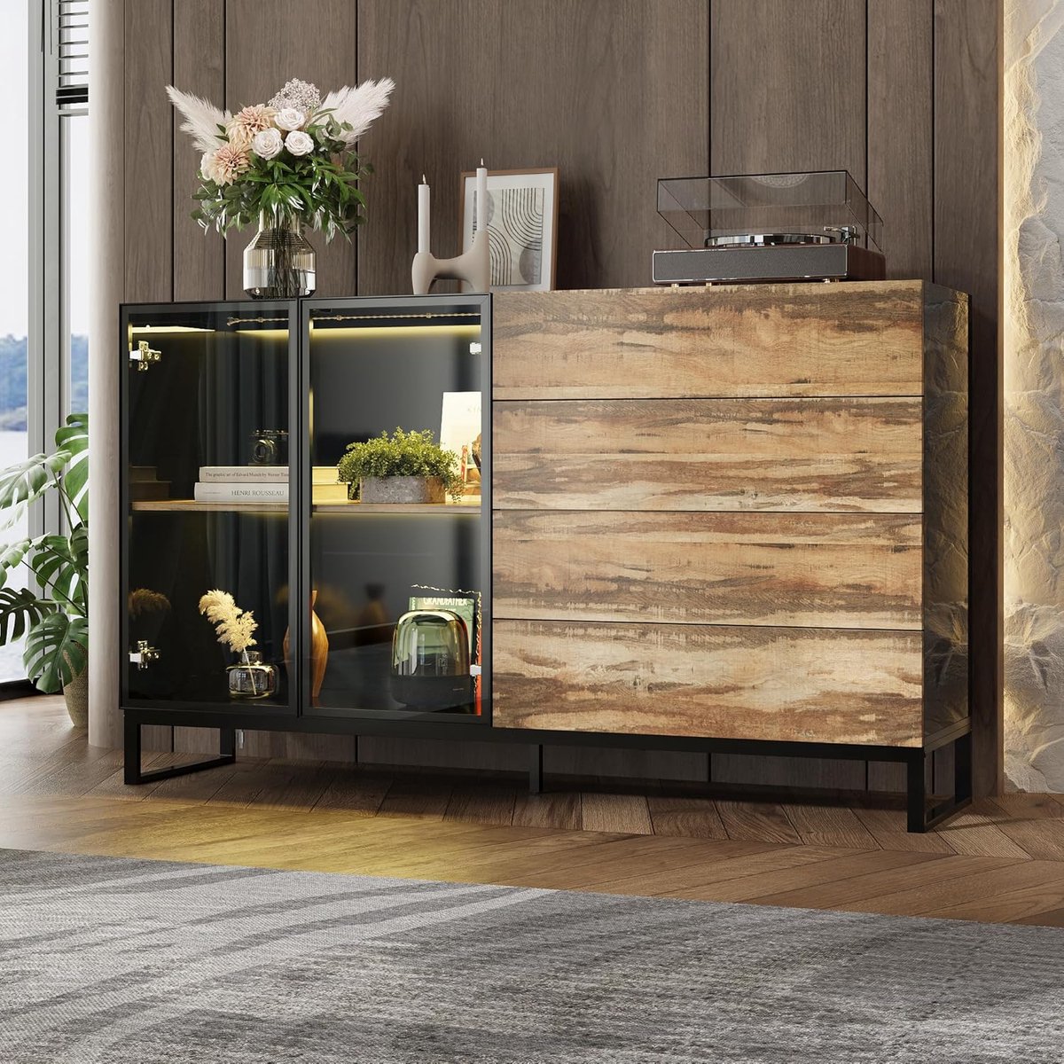 LED Dressoir 160x41x95 cm – Zwart Hoogglans & Houtlook – Moderne Opbergkast met 4 Lades en Deuren, Push-to-Open, USB RGB Verlichting, Metalen Frame – Abkantoor
