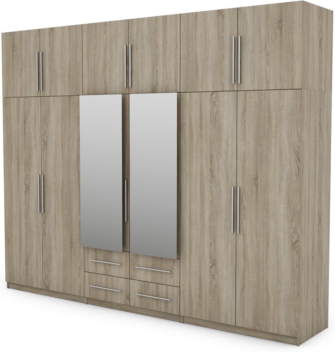 Moderne Slaapkamerkast met Spiegel 300x240 cm – Ruime Garderobekast met Planken, Laden en Kledingstang – Sonoma Licht – Duurzame Kledingkast voor Slaapkamer en Kleedkamer – Abkantoor