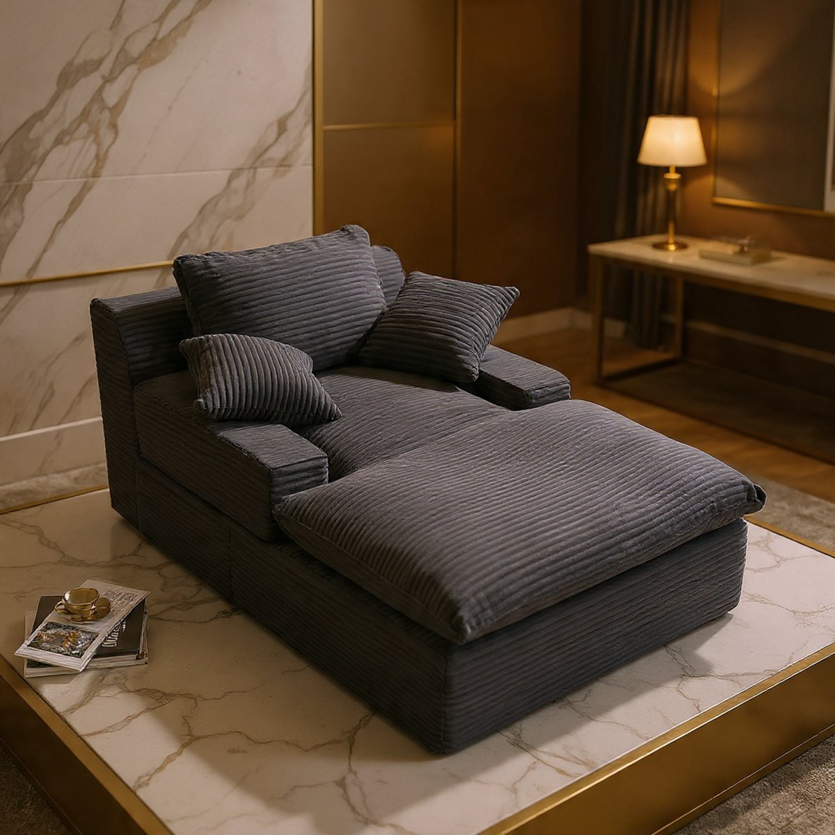 Luxe 160 cm Chaise Longue Loungesofa met Slaapfunctie – Ruimtebesparende Bank voor Woonkamer, Studio & Appartement – Comfortabele Vloerbank met Armleuningen, Zachte Corduroy Stof, Direct Klaar voor Gebruik – Grijs - House&Garden