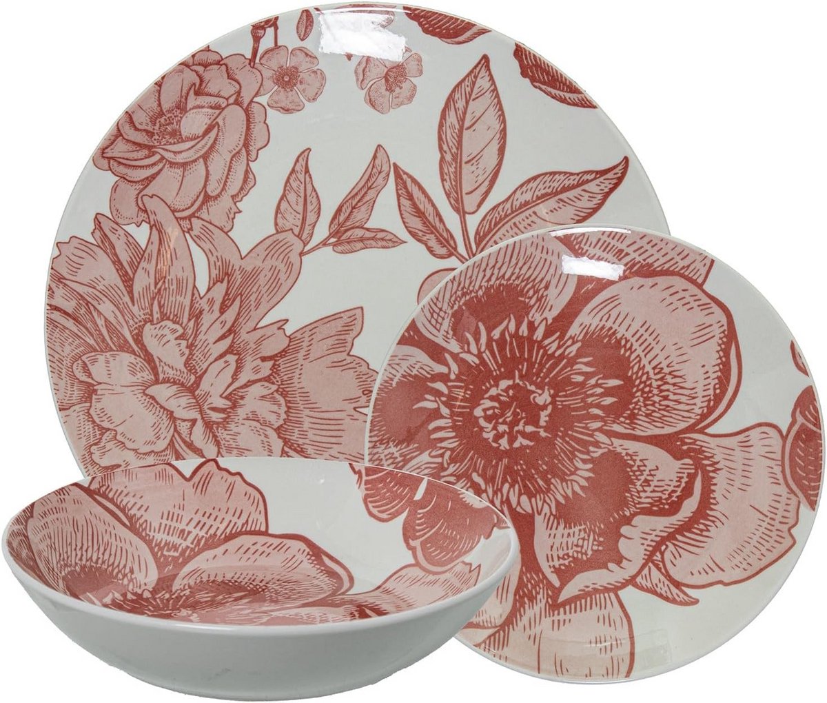 18-delig Porseleinen Servies met Roze Bloemendecoratie - Diner Set
