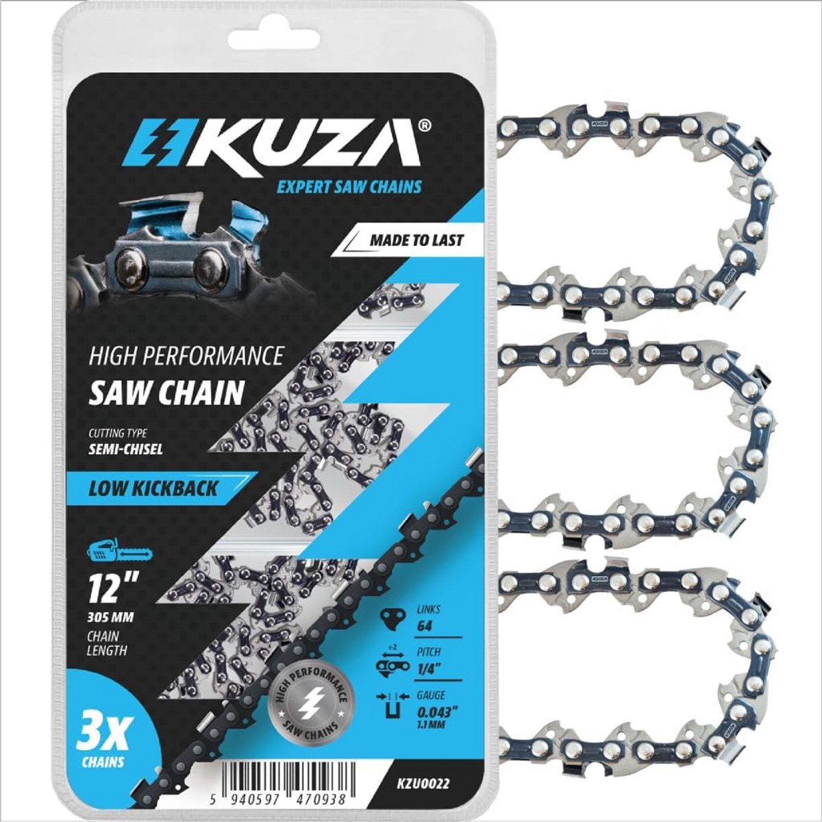 3x Kettingzaagketting 12 inch 1/4" .043" 64 Schakels voor Elektrische Snoeizagen