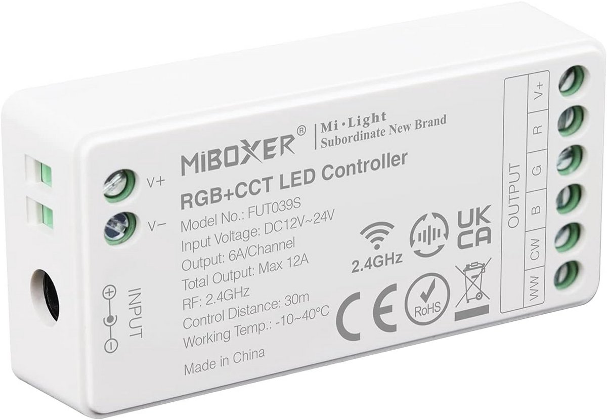RGB+CCT LED Controller 4 Zones DMX512 Bestuurbaar 12V/24V Kleurtemperatuur Instelbaar