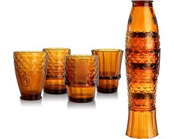 Set van 4 Amber Drinkglazen met Koi Vis Design - Stapelbare Tumblers voor Sap en Water
