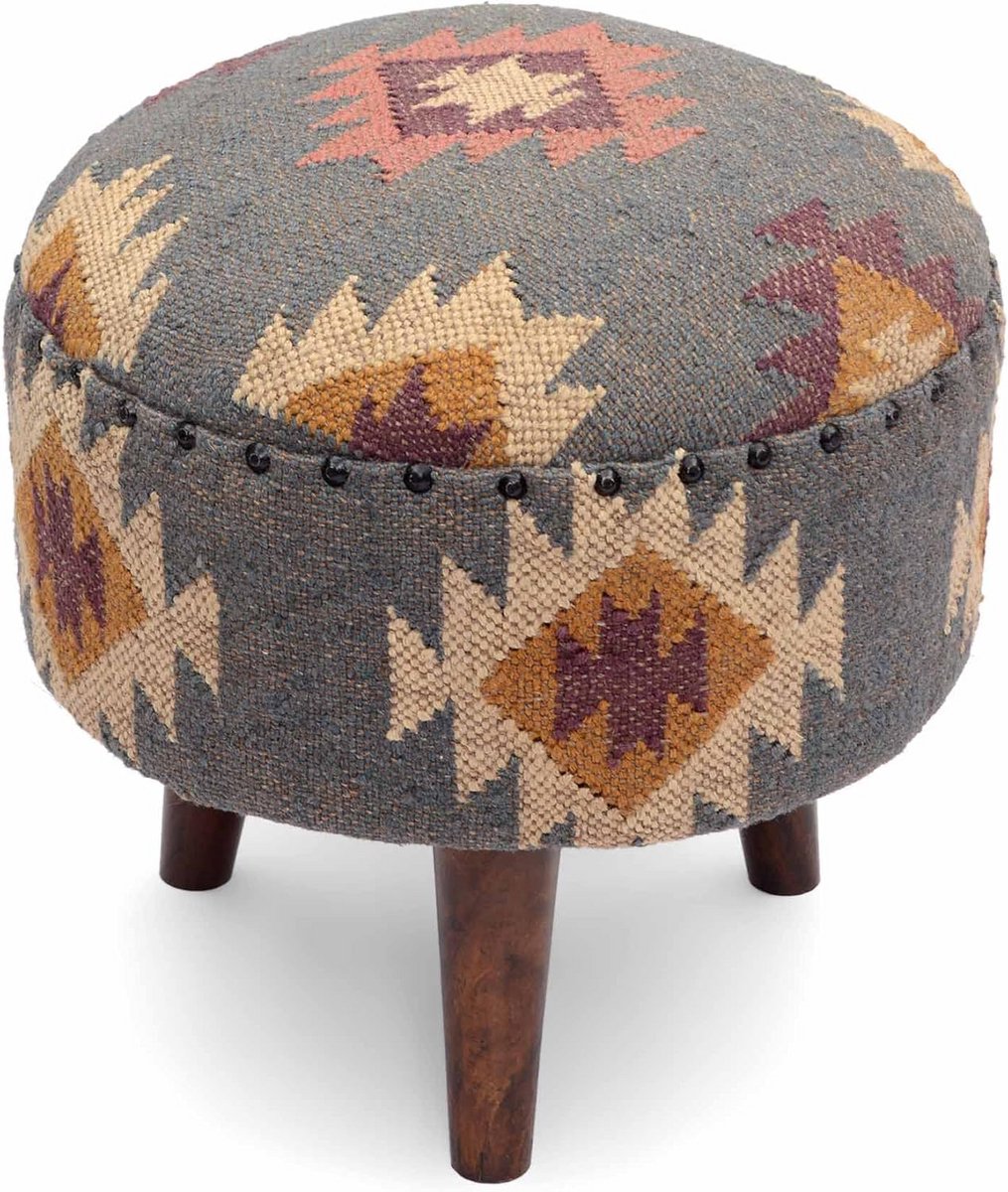 Ronde Poef Ottomanen met Jute Kelim Bekleding en Houten Zitframe