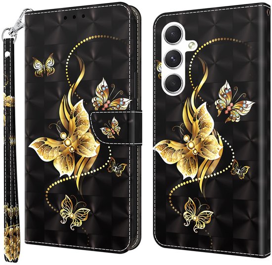 Goud vlinder diamant - 3D motief - agenda book case hoesje - Telefoonhoesje geschikt voor Samsung Galaxy A57 5G