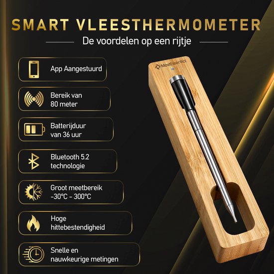 Slimme vleesthermometer met app-bediening, 80m bereik, 36 uur batterijduur en Bluetooth 5.2 technologie in een houten houder.