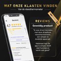 Smartphone toont recensie van de vleesthermometer met 4,7 sterren en positieve klantbeoordeling.