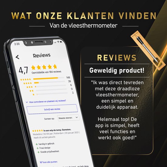 Smartphone toont recensie van de vleesthermometer met 4,7 sterren en positieve klantbeoordeling.