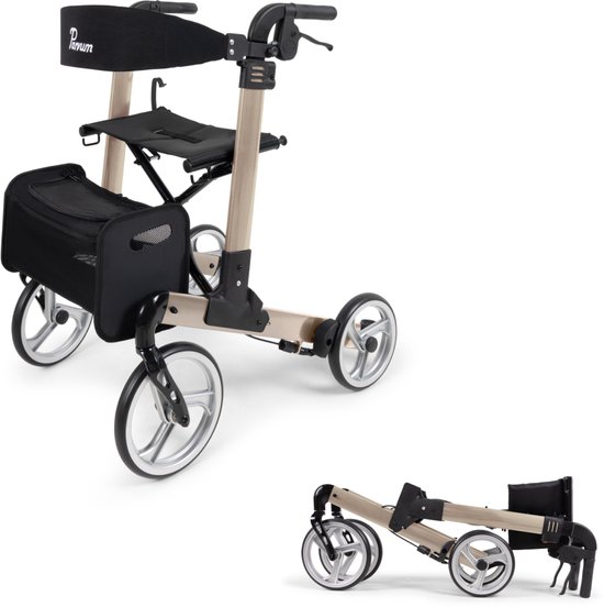 Parvum Luxo Rollator - Luxe dubbel opvouwbare rollator (6,9kg) - Incl. stokhouder, tas & rugleuning - Champagne, Medium