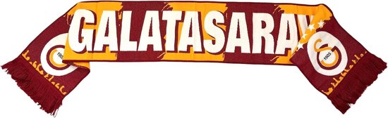 Galatasaray sjaal met "GALATASARAY" tekst, clublogo en franjes in rood en geel.