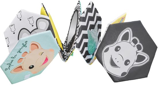Sophie de giraf Ontdekkingsboek en Speelkleed 2 in 1 - Zintuiglijk Babyboek met Texturen, Rits, Spiegel, Knisperpapier & Zwart-Wit Contrastzijde - Stimuleert Zicht, Tast & Gehoor - 60x60 cm - Vanaf 0 Maanden van Sophie de Giraf. — afbeelding 2
