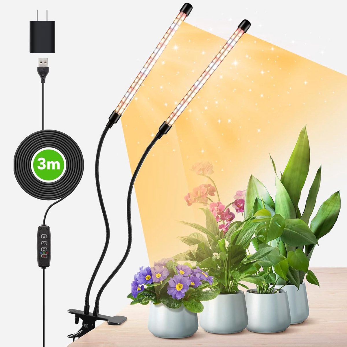 MELVRA Plantenlamp - 2 Koppen - 160 LEDs - Volledig Spectrum Plantenlicht - Timer - 3 Lichtmodi - 3000K, 5000K & 660nm - Voor Kamerplanten - Inclusief Adapter
