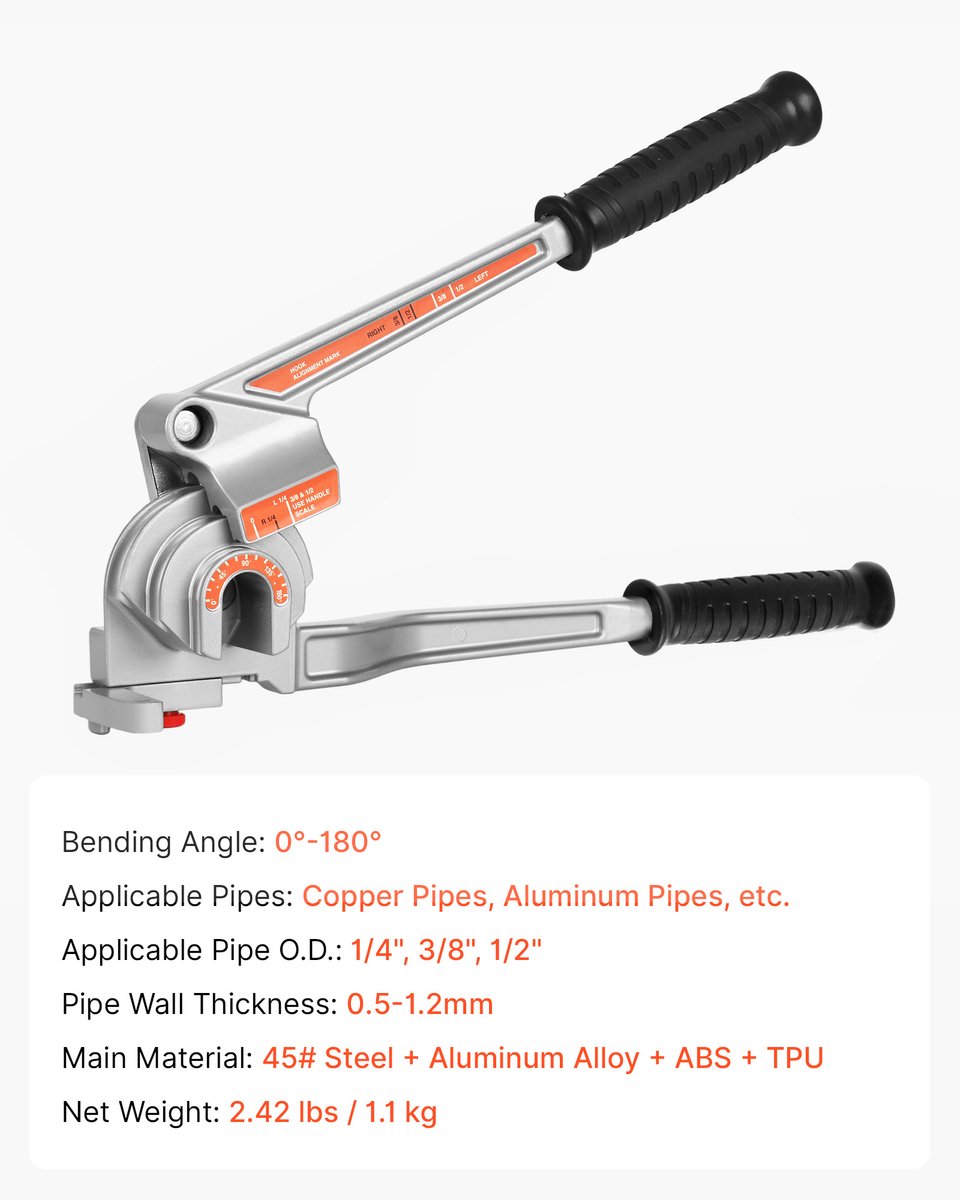 Handmatige buizenbuiger, 1/4“ (6,35 mm), 3/8” (9,5 mm), 1/2" (12,7 mm) buitendiameter, 3-in-1 hefboomgereedschap voor 180° bochten in koperen en aluminium buizen, ideaal voor automobiel- en HVAC-toepassingen
