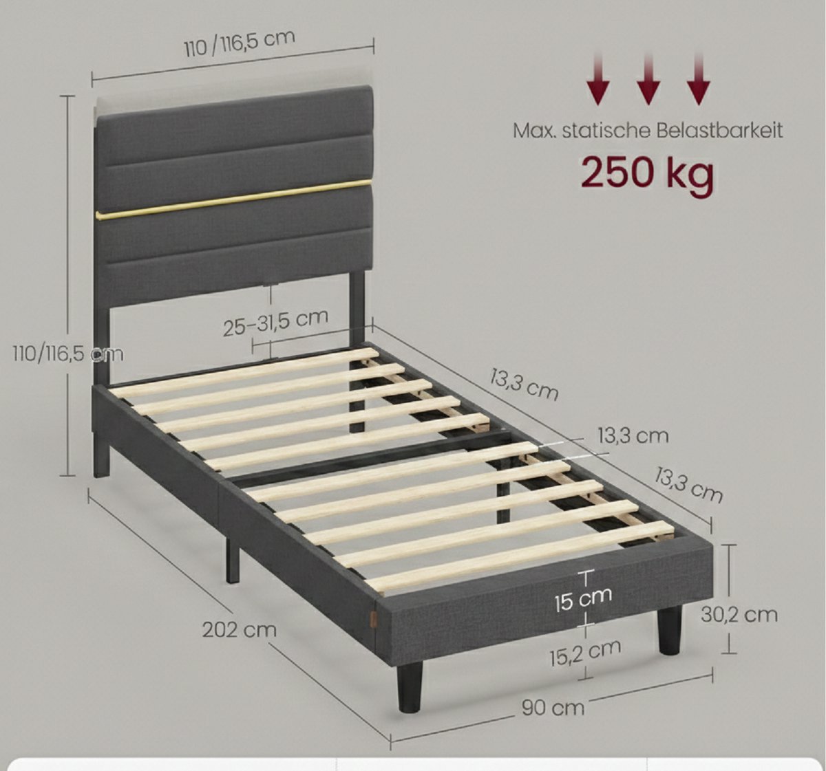 Eenpersoonsbed 90x200 cm met Verstelbaar Hoofdbord – House&Garden ComfortLine Bedframe Metaal & Massief Hout, Gewatteerd Hoofdeinde in Leigrijs, Modern Design, Stevig & Geluidsarm