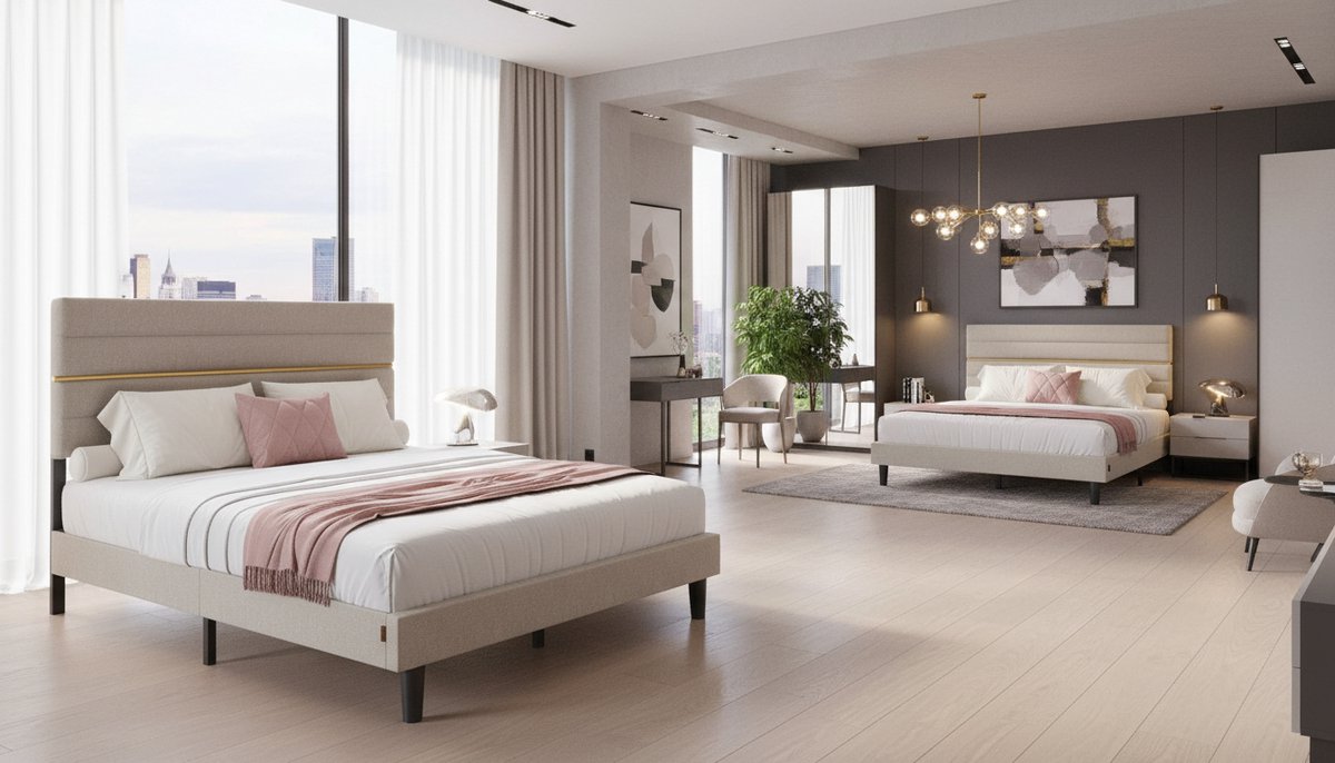 Tweepersoonsbed 140x200 cm met Verstelbaar Hoofdbord – House&Garden ComfortLuxe Gestoffeerd Bedframe, Metaal & Massief Hout, Cappuccinobeige, Modern Design, Stevig & Geluidsarm